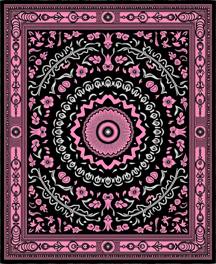 Pink Floral Medallion Black Tapestry Rug