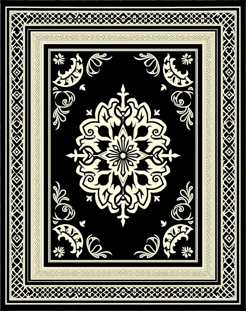 Ornate Black Cream Medallion Border Rug