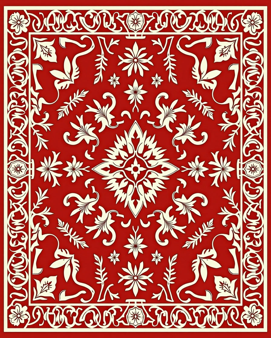 Crimson Floral Scroll Border Rug