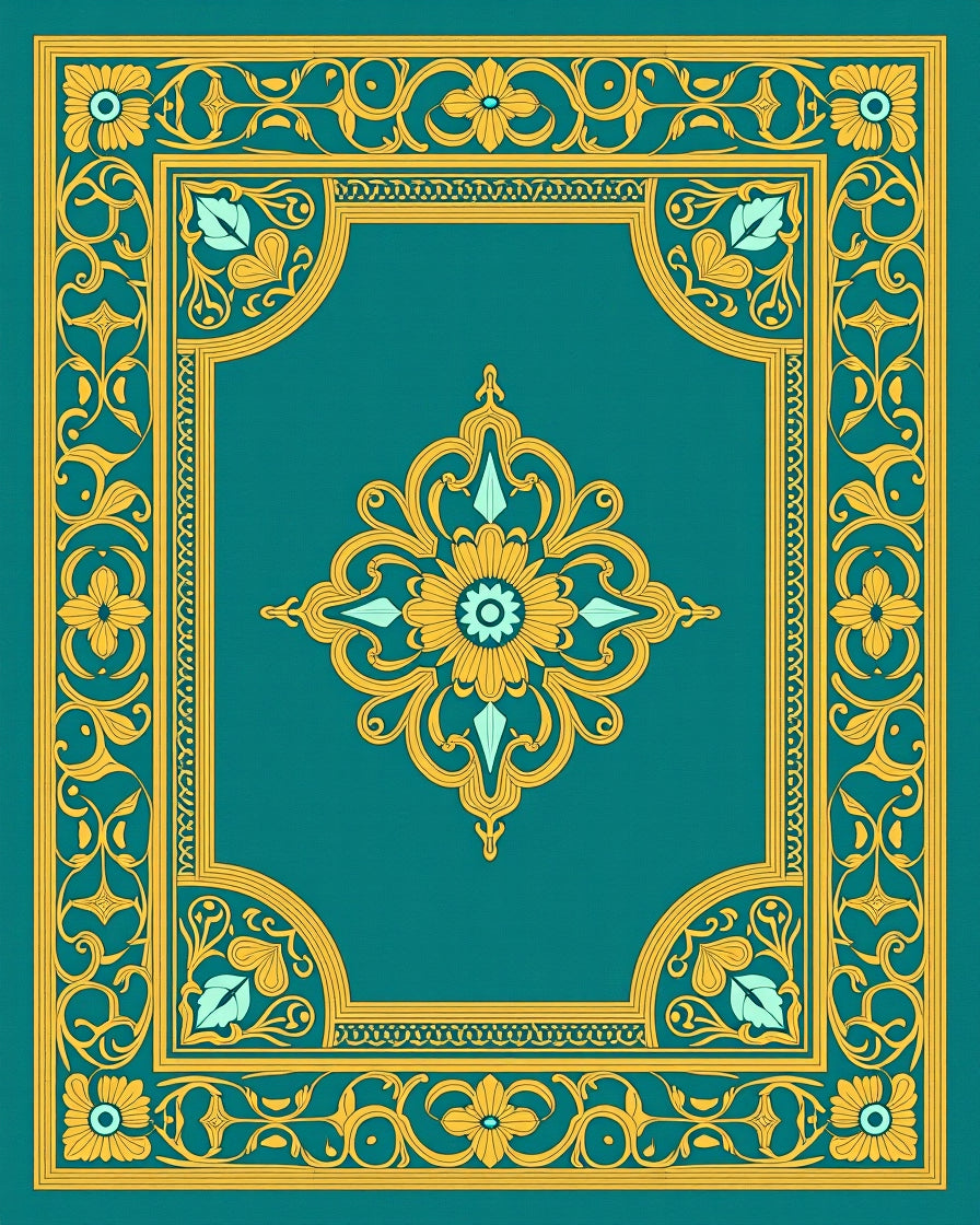 Turquoise Gold Floral Medallion Border Rug