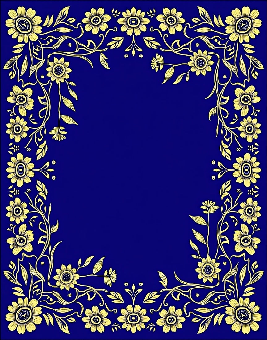 Golden Floral Border on Deep Blue Rug