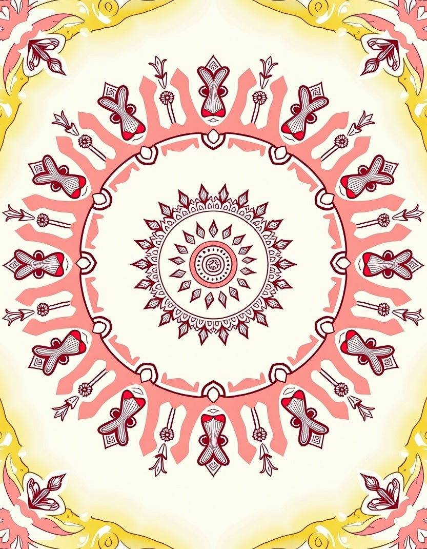 Crimson Floral Mandala Yellow Border Rug