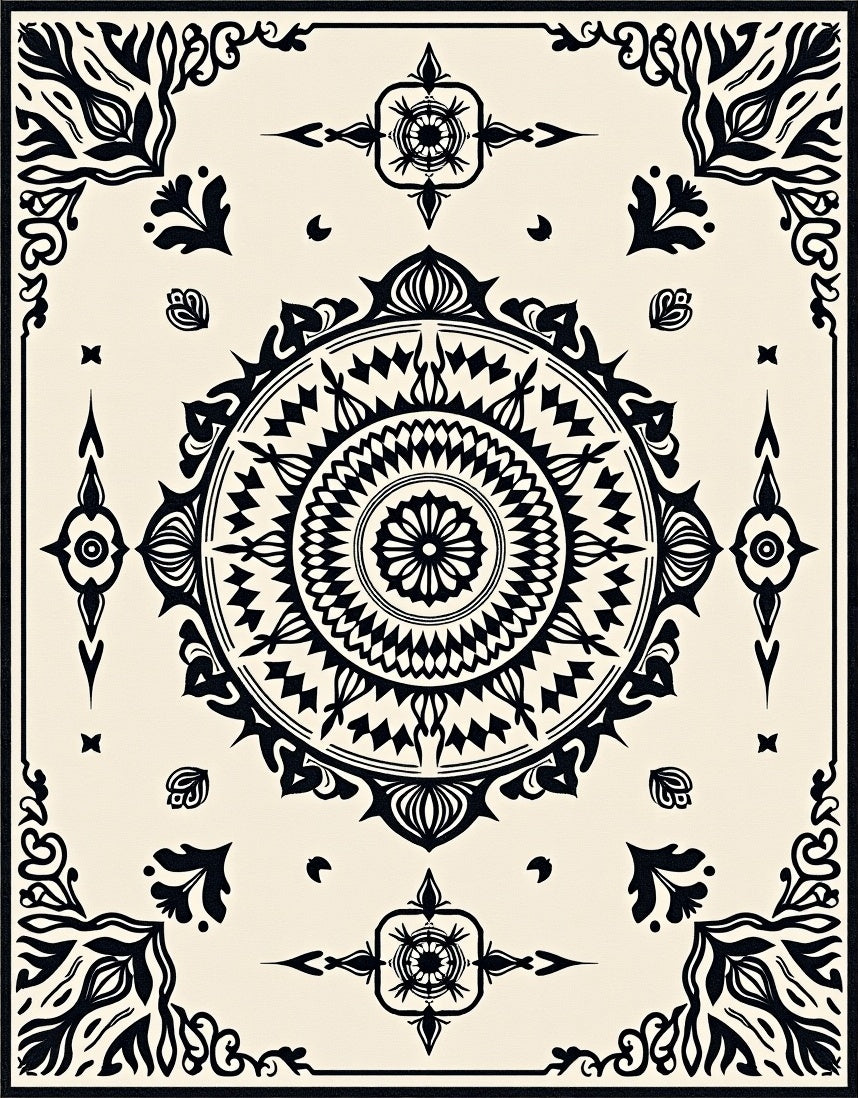 Elegant Black Geometric Medallion Sunburst Rug