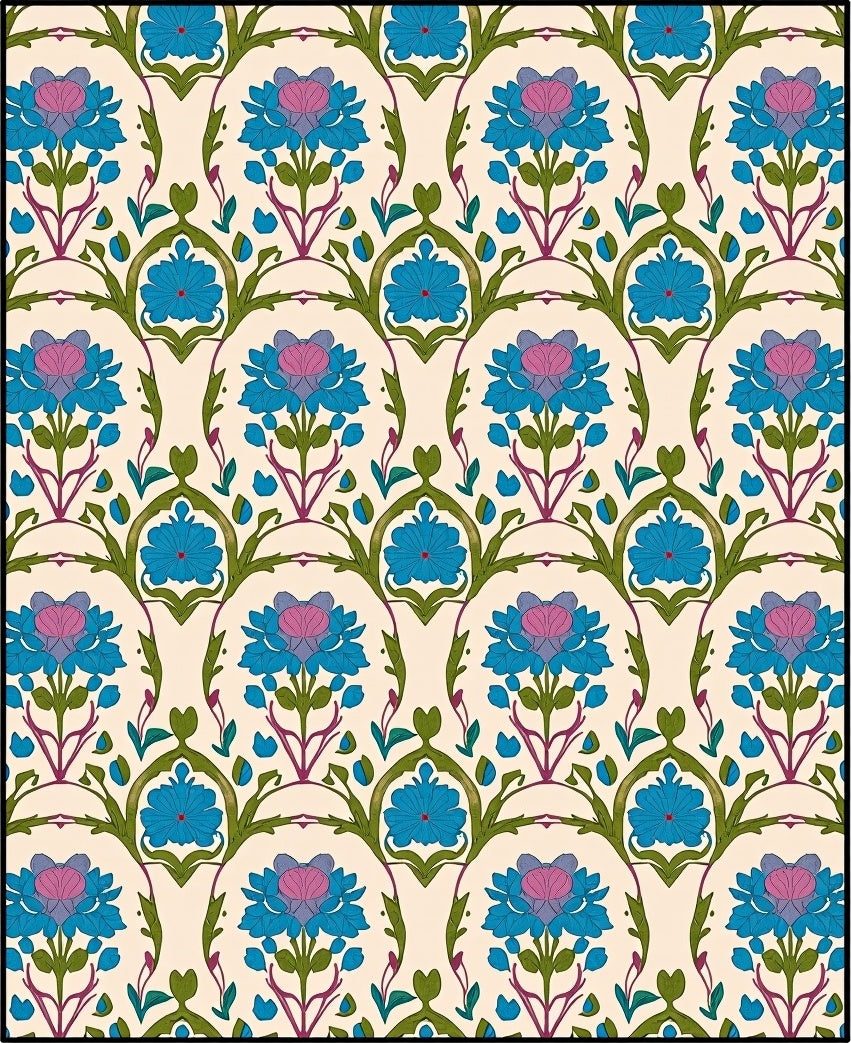 Blue Pink Floral Arch Repeat Rug