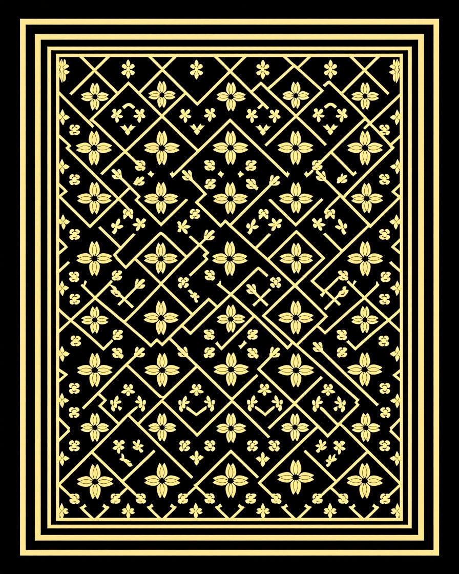 Golden Lattice Floral Black Rug