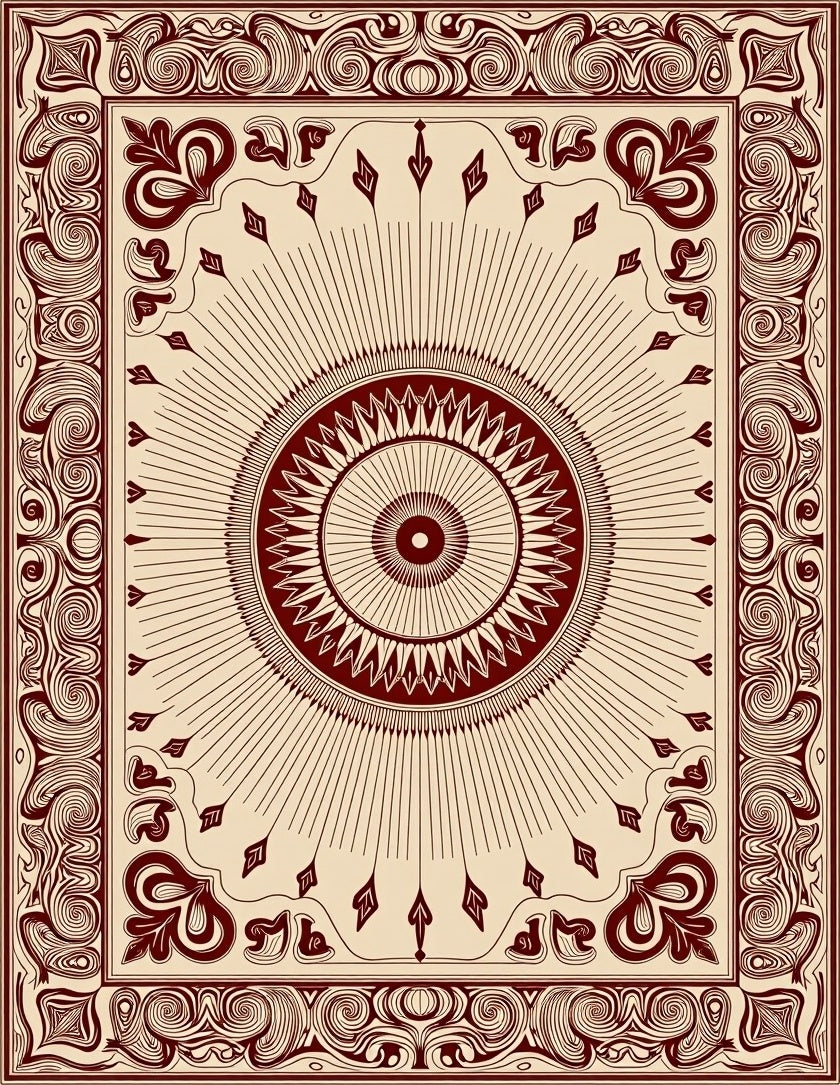 Maroon Sunburst Medallion Bordered Rug