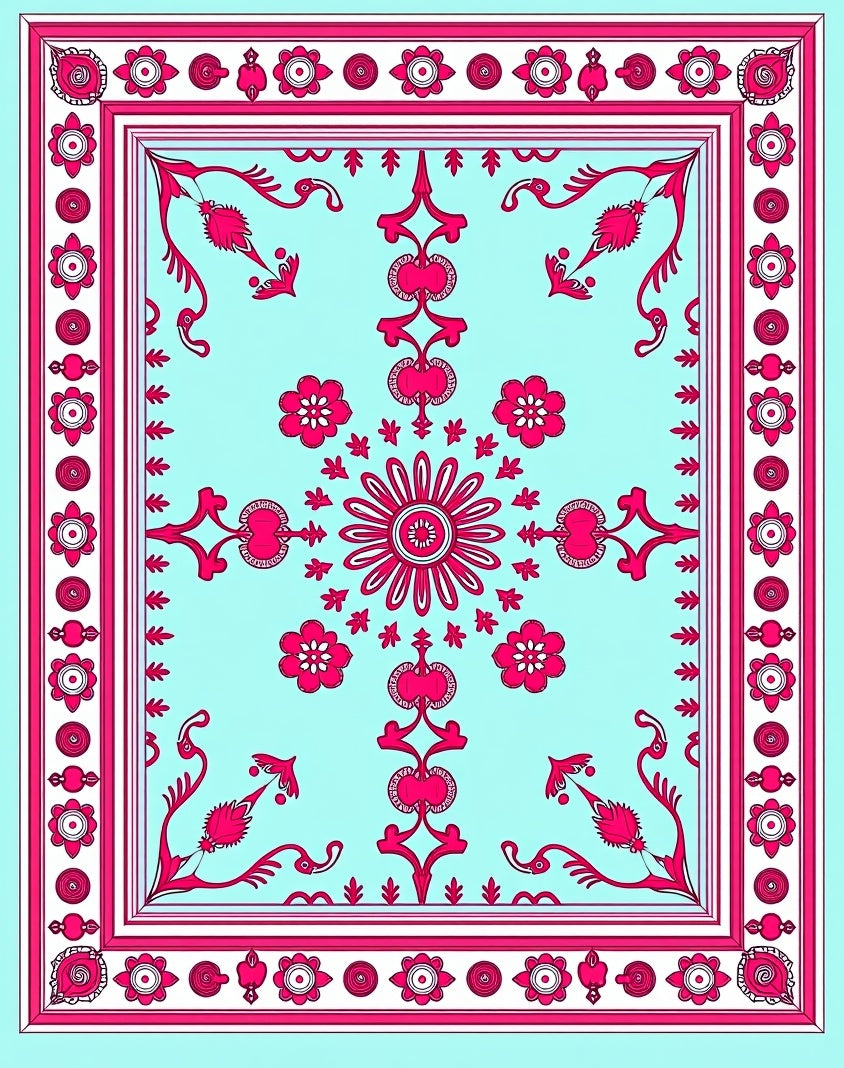 Pink Floral Medallion Cyan Border Rug