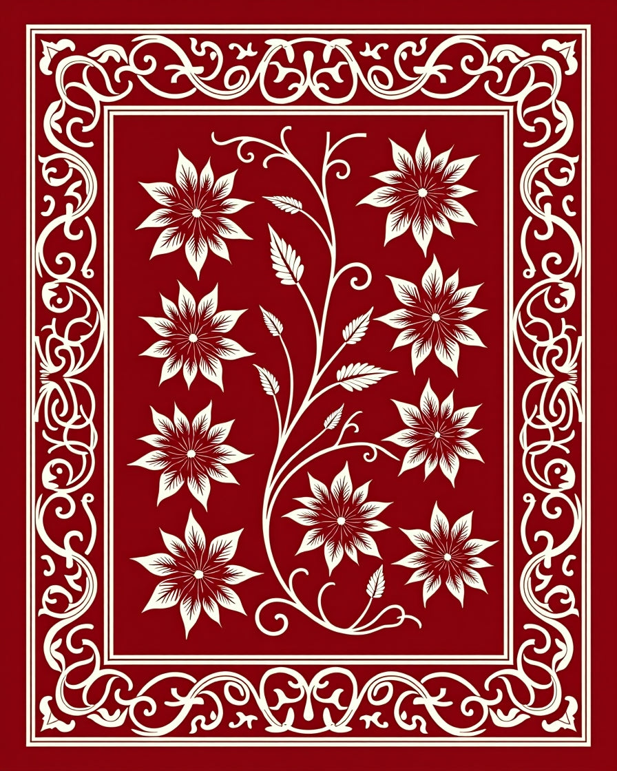 Crimson Floral Vine Scrollwork Rug