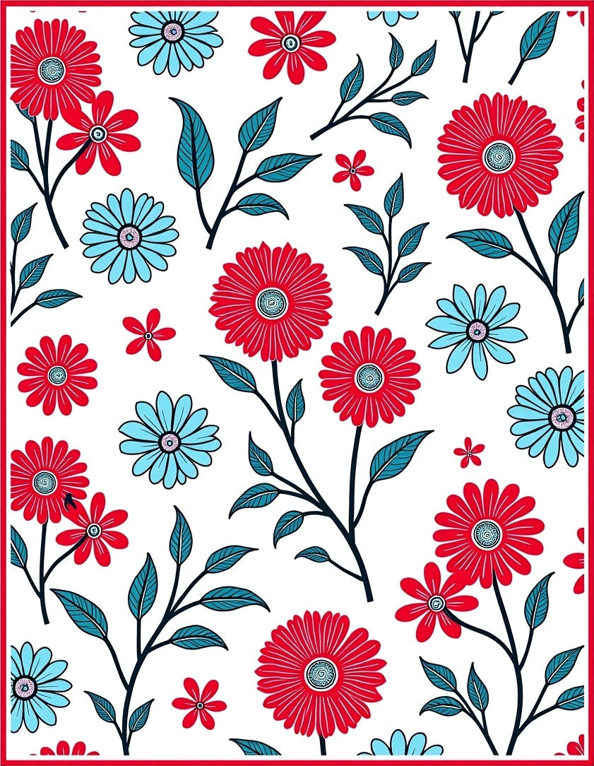 Red Blue Daisy Floral Branches Rug