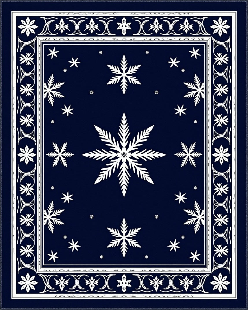 Navy White Snowflake Border Art Rug