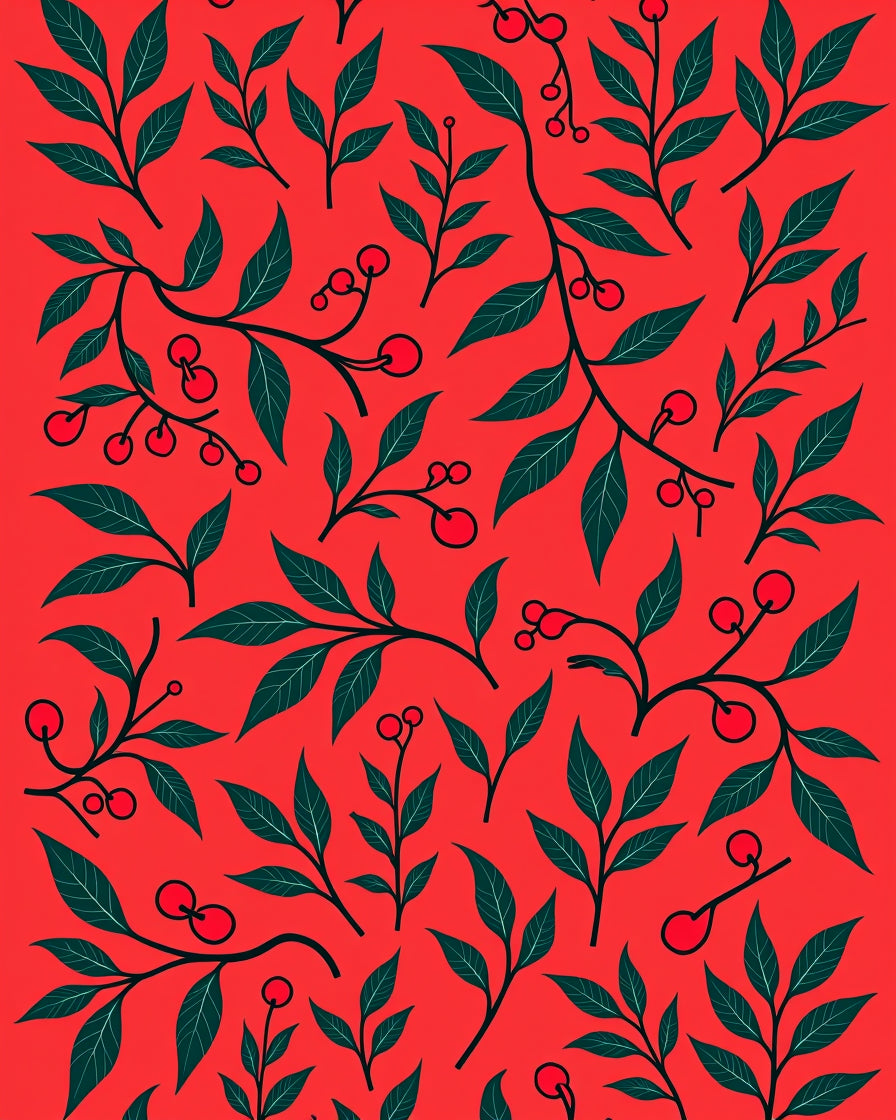 Red Berry Branch Foliage Rug
