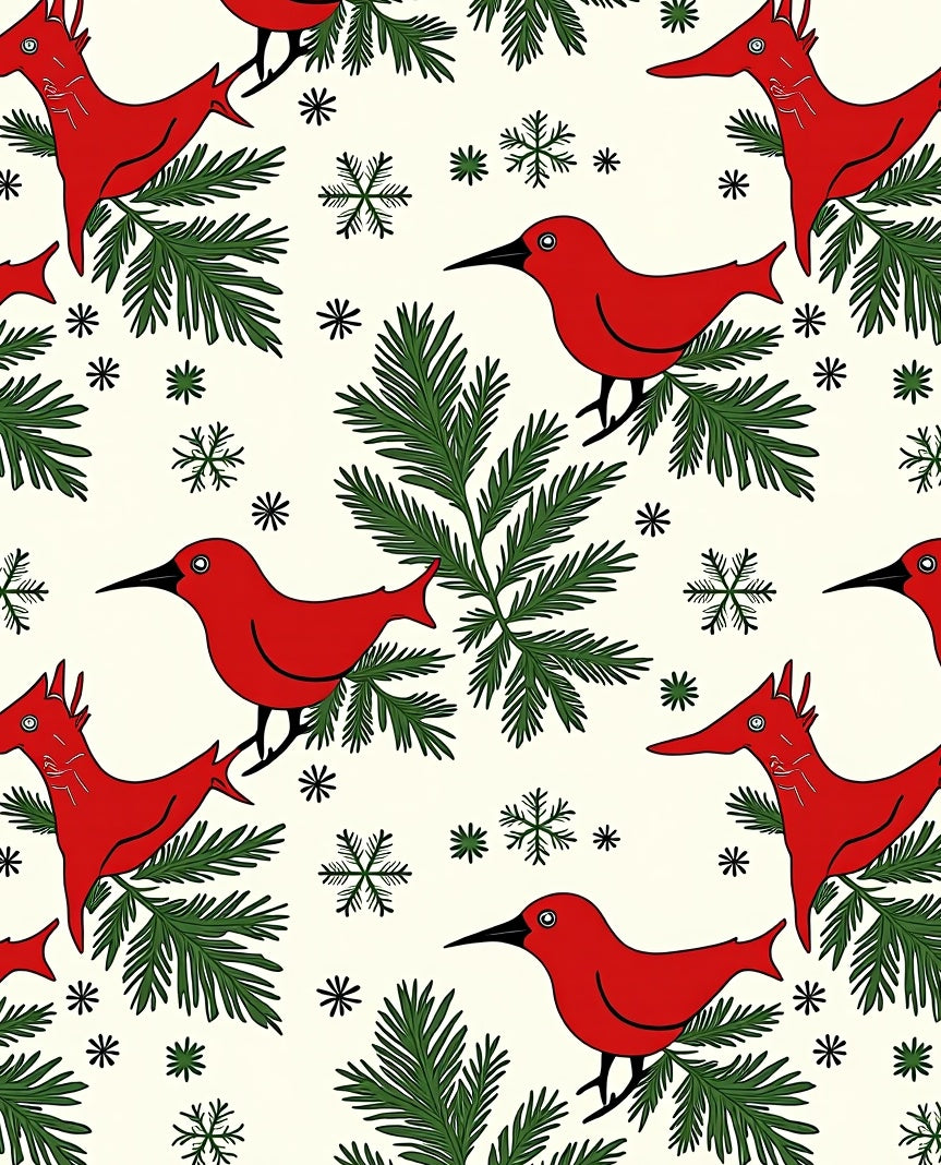 Crimson Birds Evergreen Snowflakes Rug