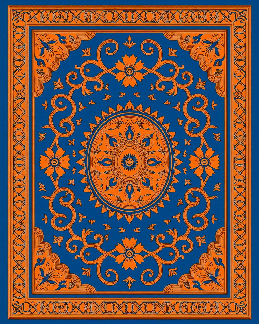 Orange Floral Medallion Blue Border Rug