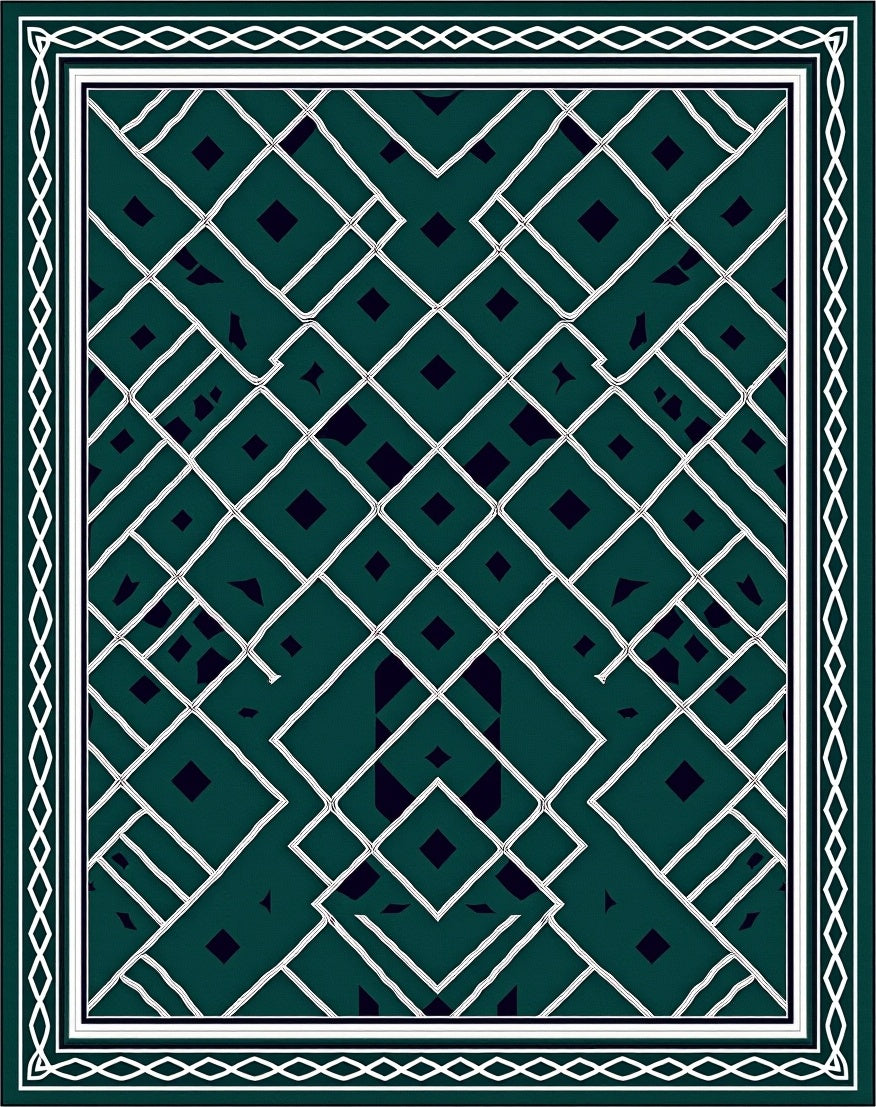 Emerald White Geometric Diamond Lattice Rug