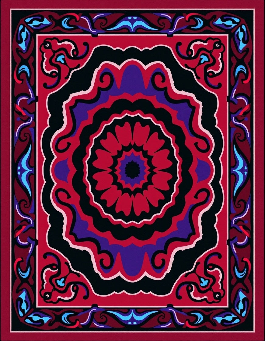 Vibrant Red Purple Black Medallion Rug