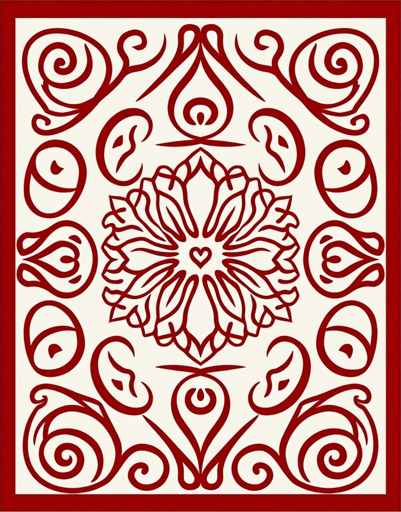 Crimson Floral Heart Medallion Swirls Rug