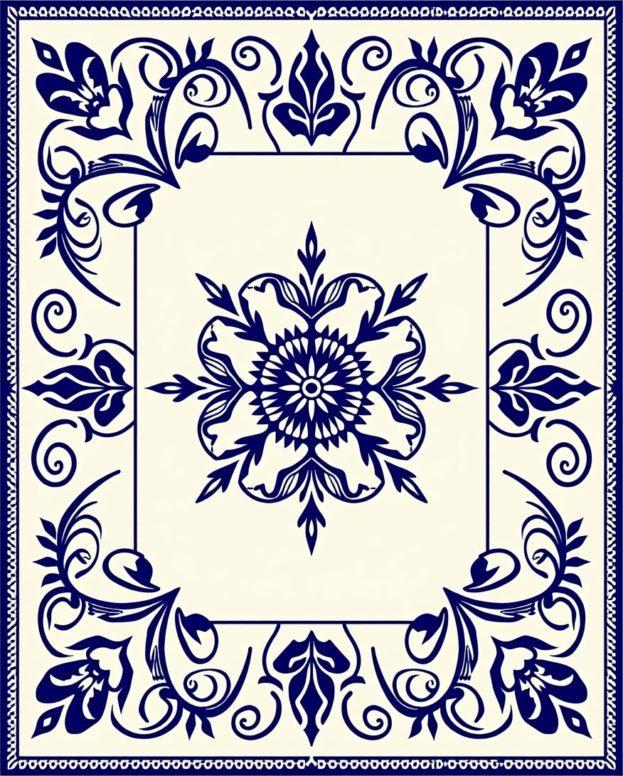 Navy Blue Floral Medallion Scrollwork Rug