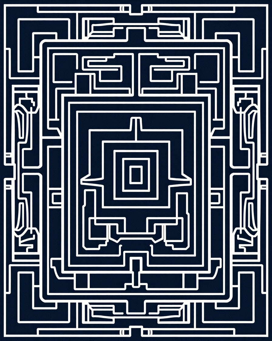 Deep Blue White Geometric Maze Rug