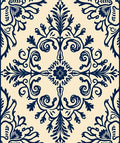 Dark Blue Cream Floral Damask Rug
