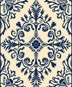 Dark Blue Cream Floral Damask Rug