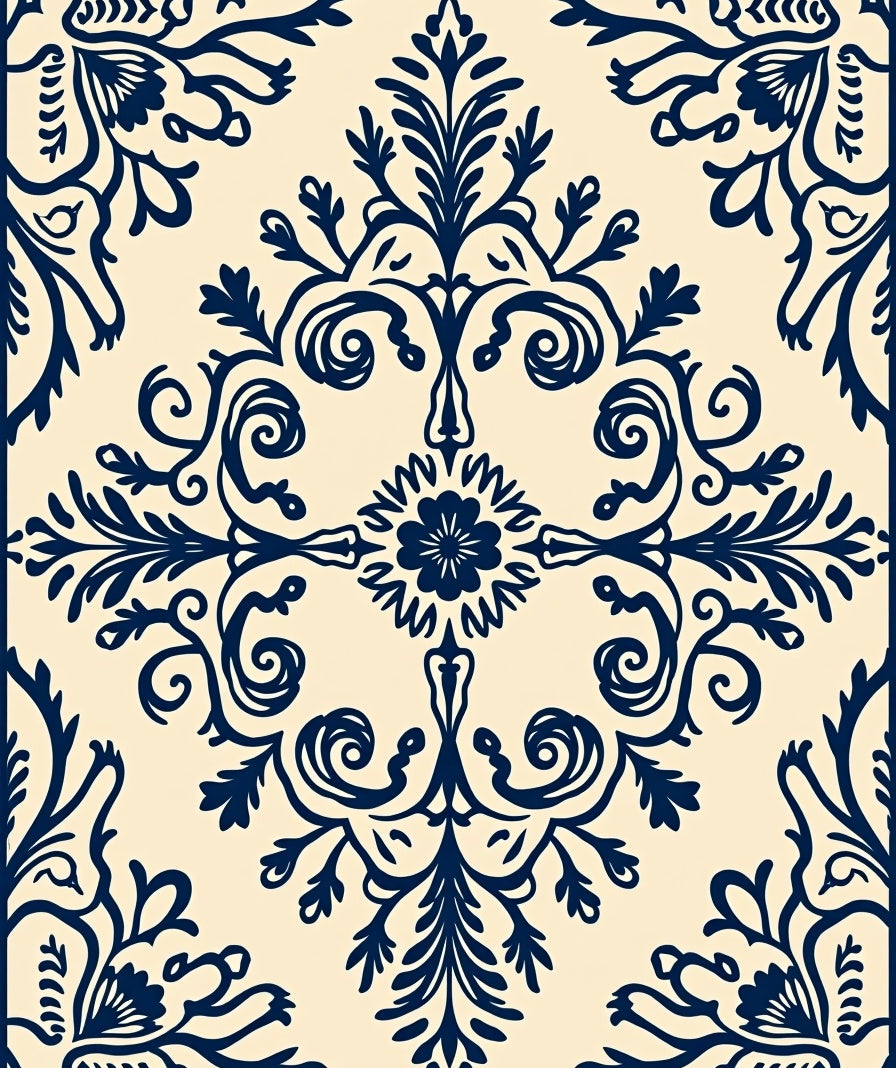 Dark Blue Cream Floral Damask Rug
