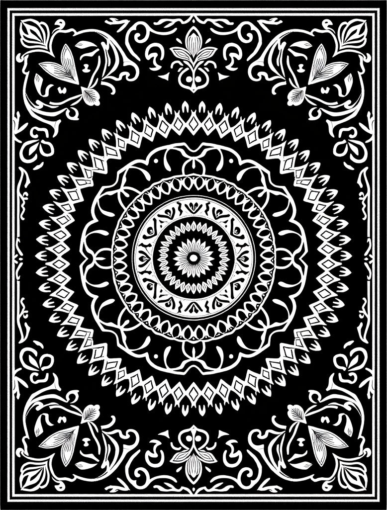 Black White Intricate Mandala Floral Rug