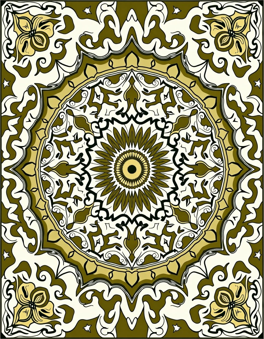 Olive Gold Floral Medallion Mandala Rug