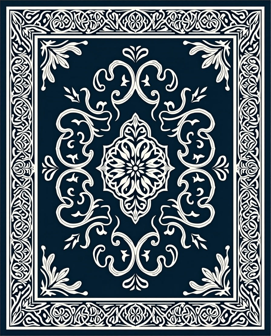 Dark Blue Cream Intricate Medallion Framing Rug