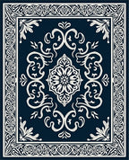 Dark Blue Cream Intricate Medallion Framing Rug