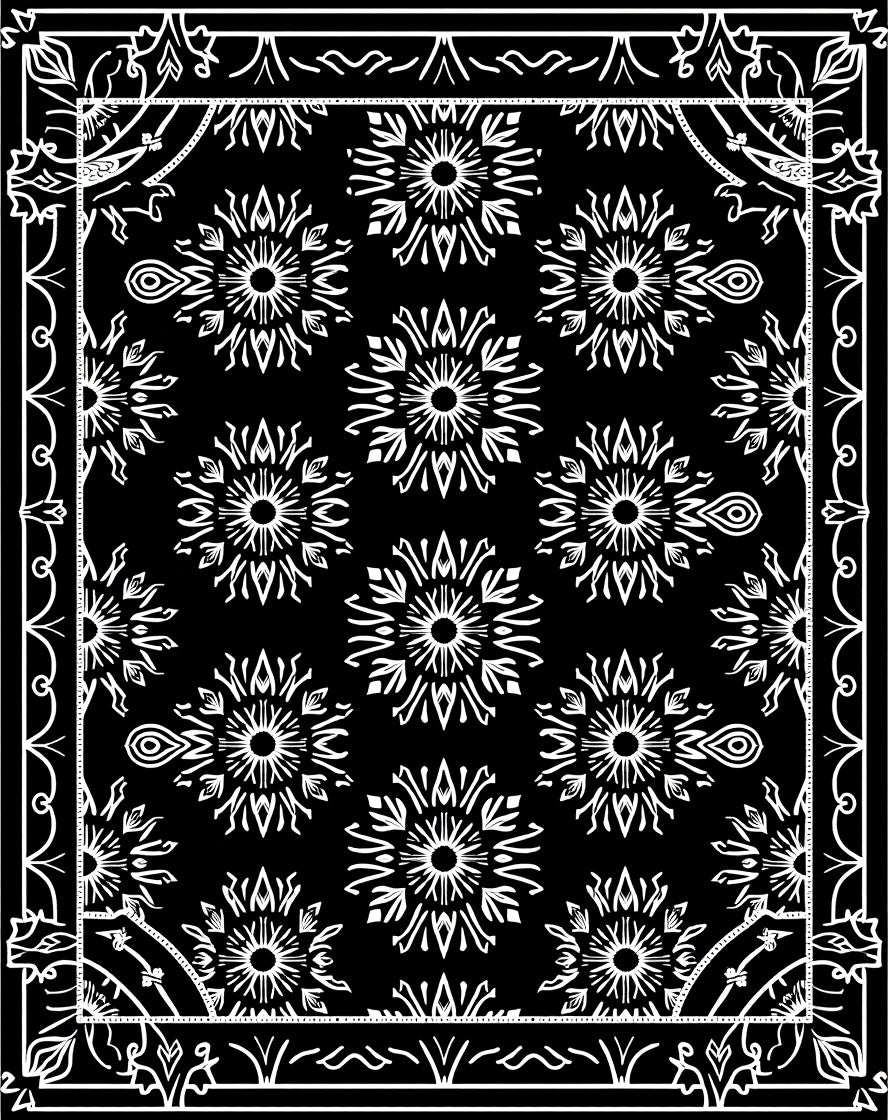 Black White Sunburst Mandala Frame Rug