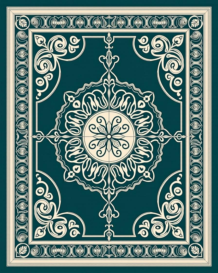 Deep Teal Ivory Ornate Medallion Rug
