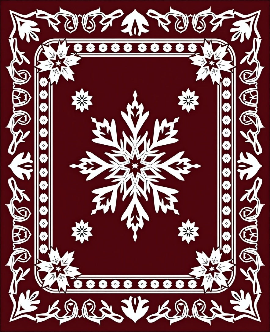 Crimson White Snowflake Medallion Border Rug