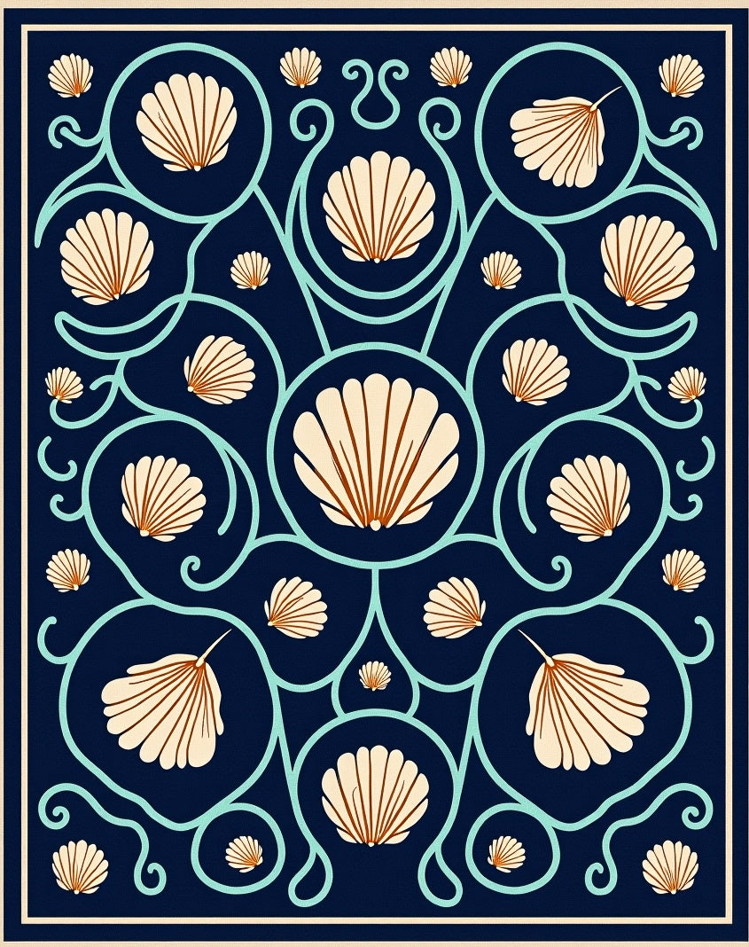 Navy Seashell Medallion Scrollwork Rug