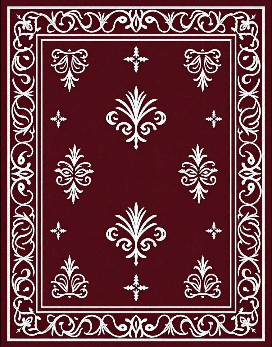 Crimson White Scrollwork Fleur-de-lis Rug