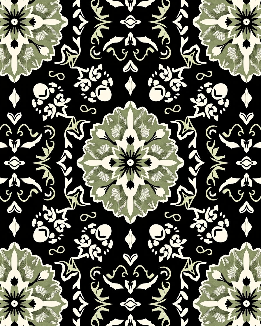 Sage Green Floral Medallion Damask Rug