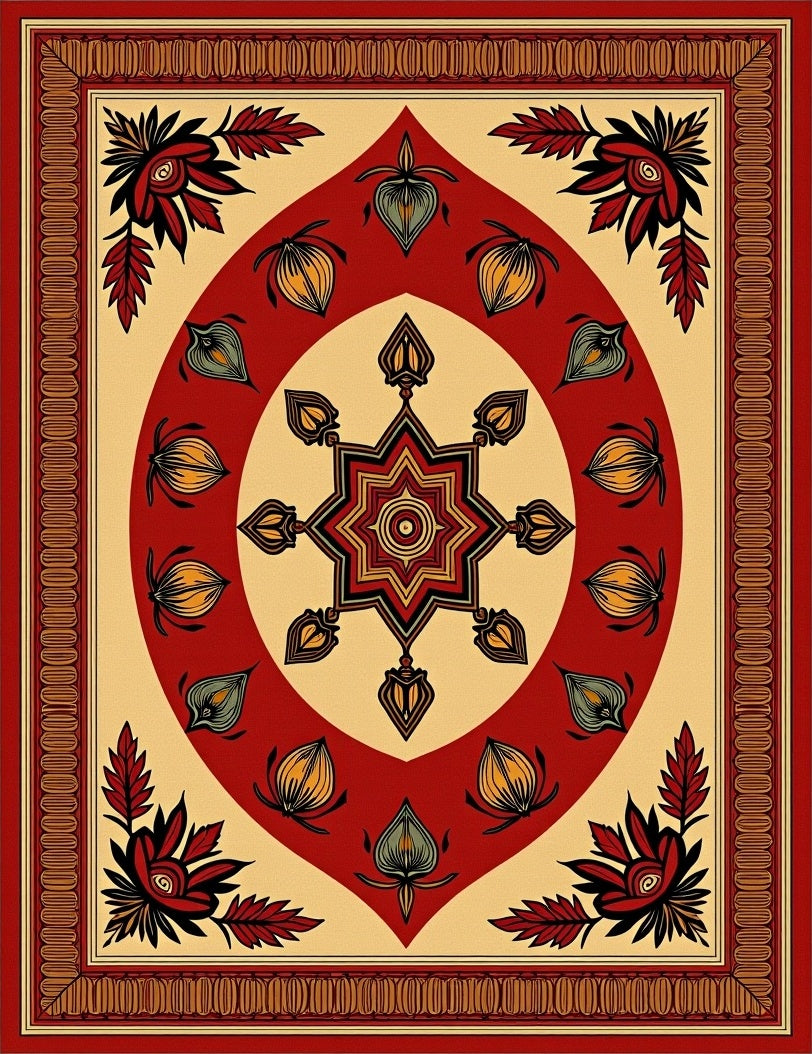Crimson and Gold Floral Star Medallion Rug