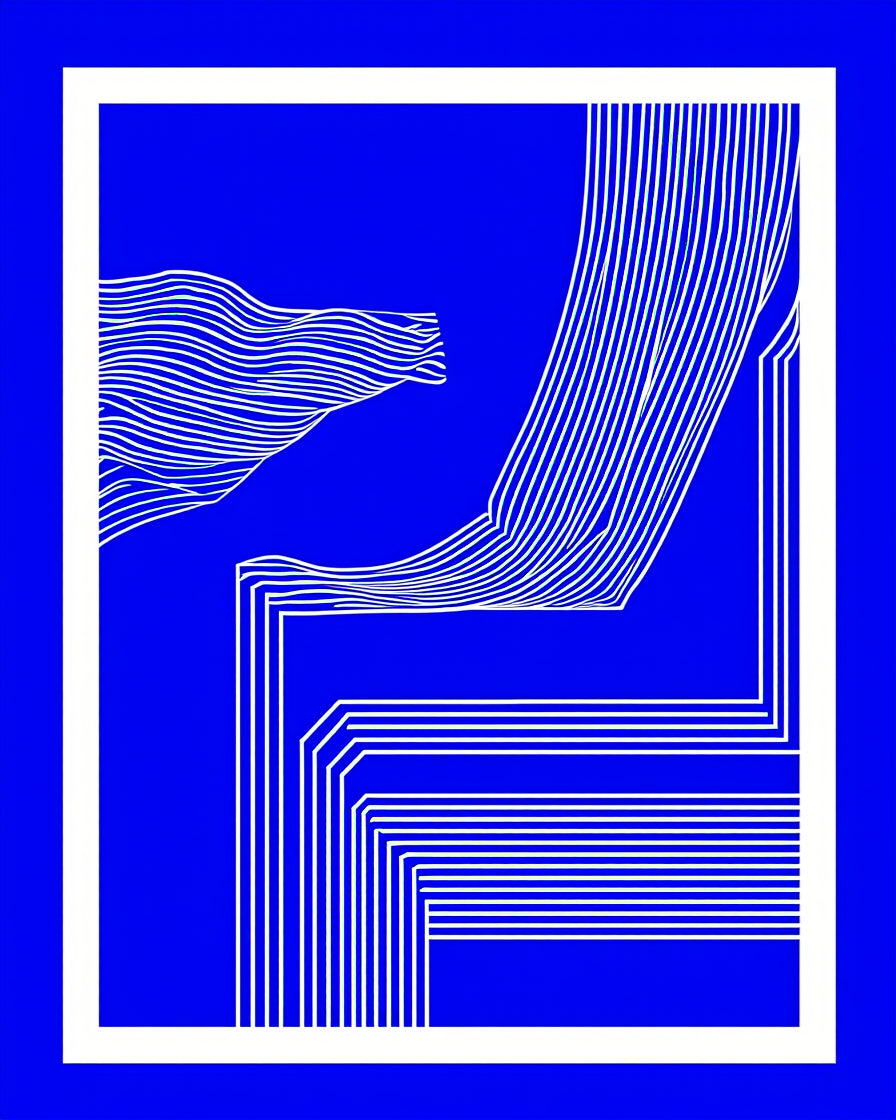Deep Blue Abstract White Line Art Rug
