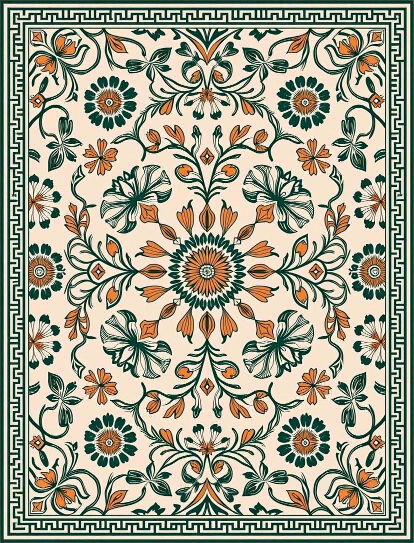 Classic Emerald Orange Floral Medallion Rug