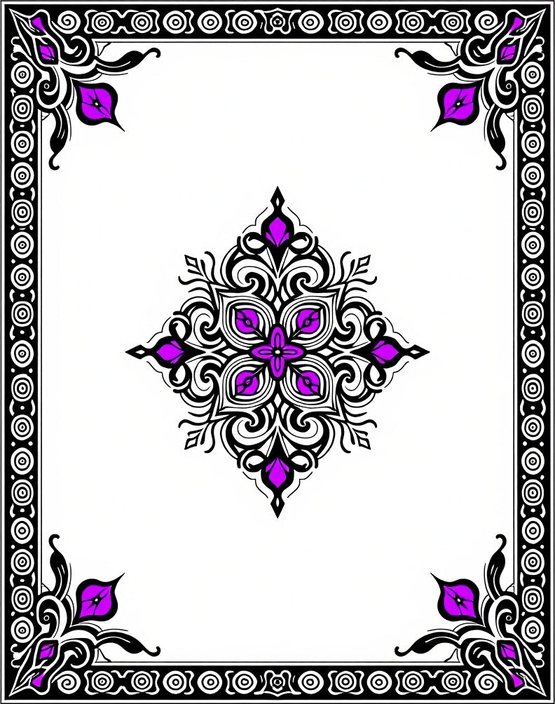 Ornate Purple Black Medallion Border Rug