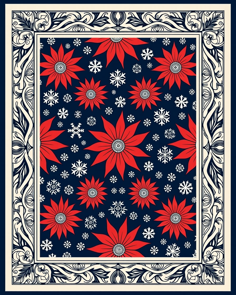 Red Poinsettia Snowflake Navy Border Rug