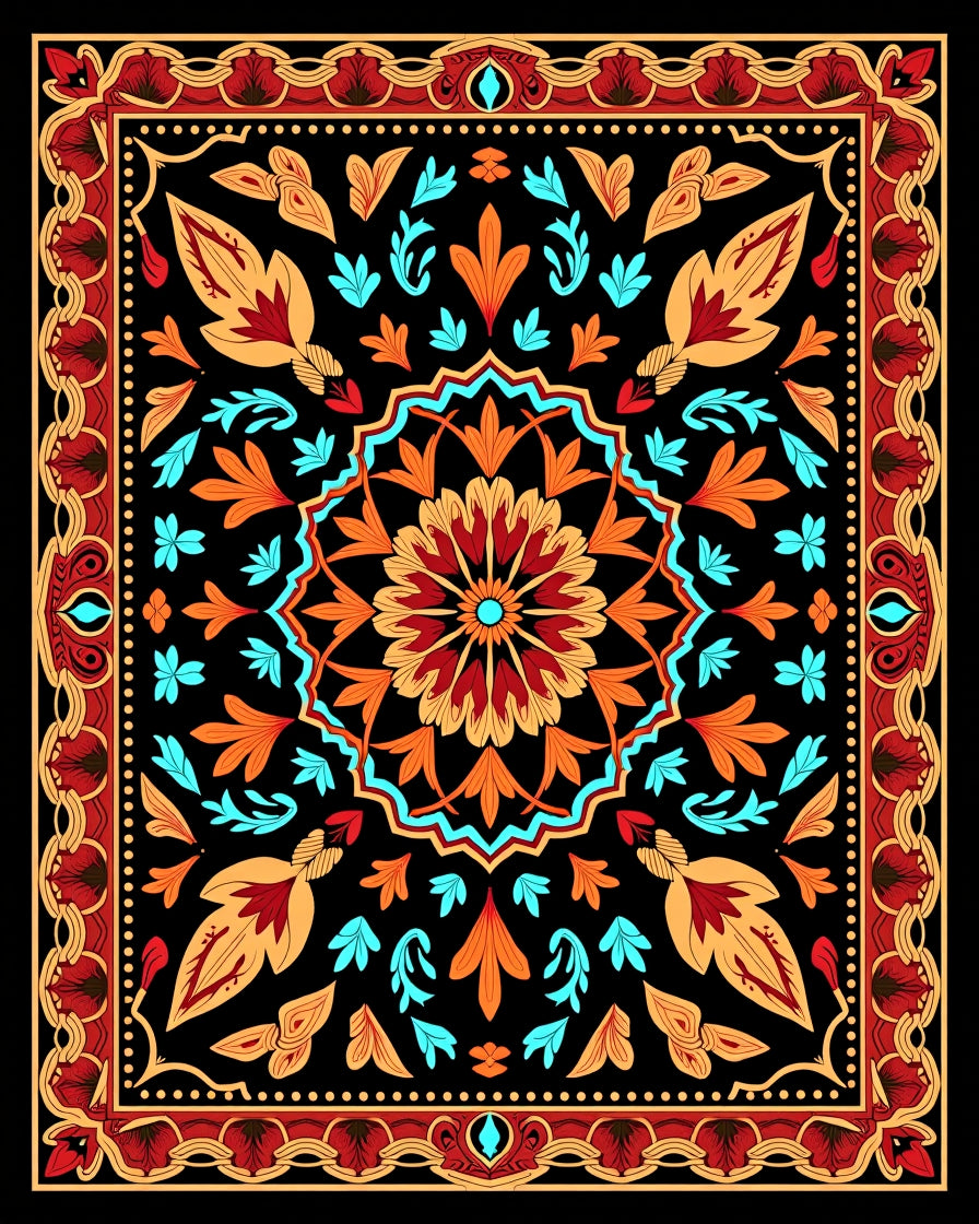 Ornate Red Orange Floral Mandala Rug
