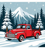 Retro Red Truck Snowy Mountain Landscape Rug