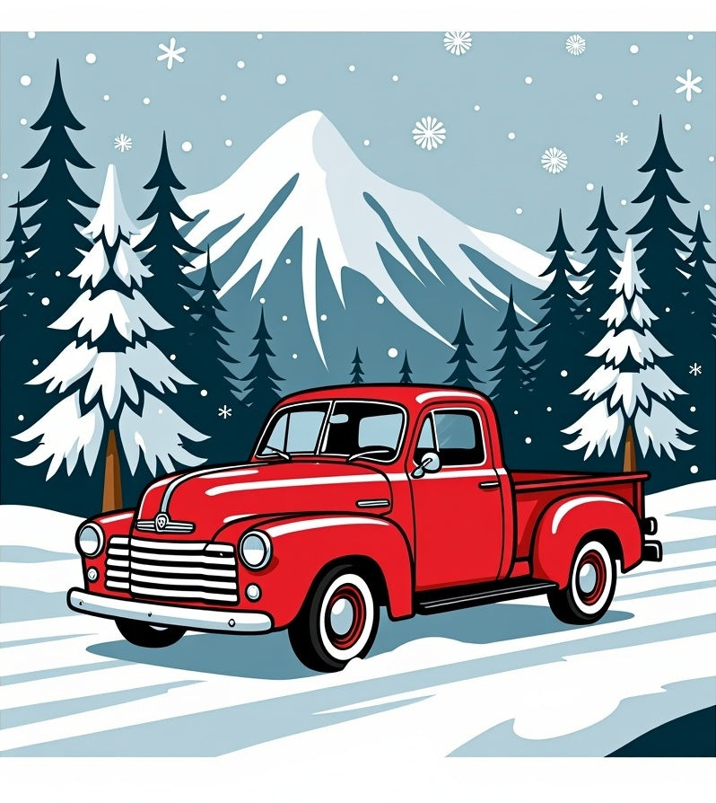 Retro Red Truck Snowy Mountain Landscape Rug