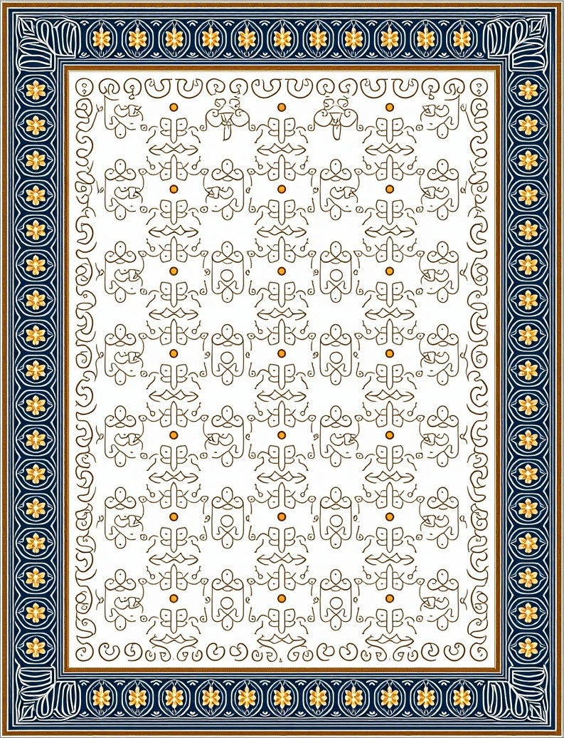 Elegant Navy Golden Flourish Border Rug