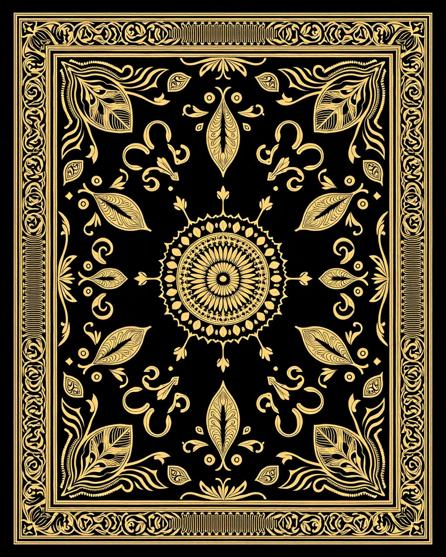Ornate Black Gold Medallion Border Rug