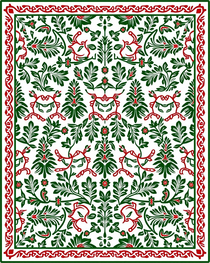 Intricate Red Green Floral Scroll Rug