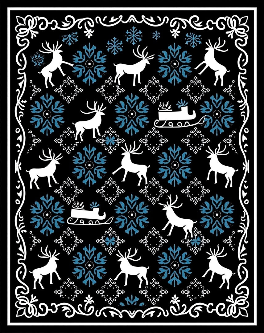 White Reindeer Blue Snowflake Sleigh Black Rug