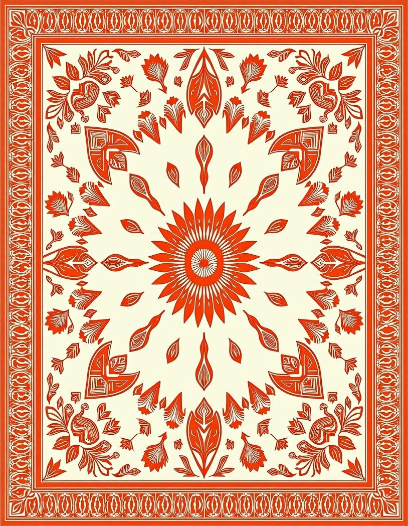 Crimson Floral Sunburst Medallion Ivory Rug