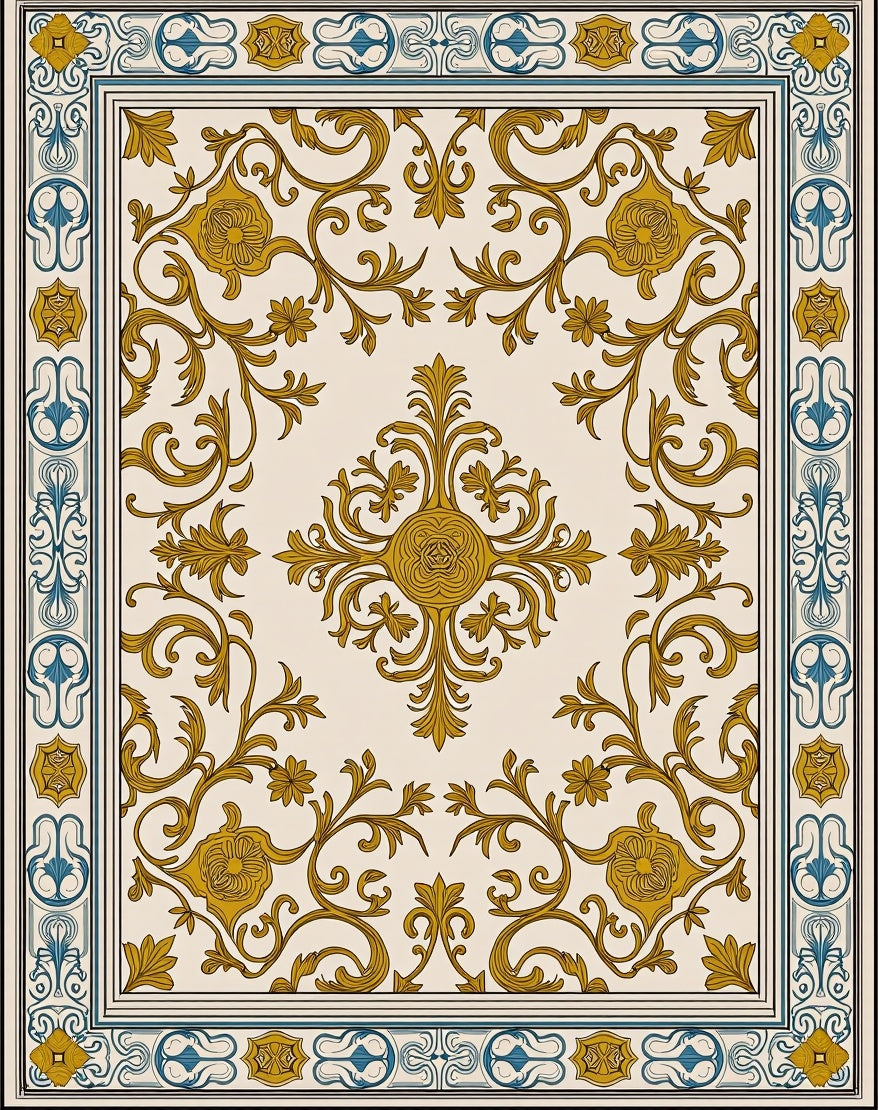 Golden Floral Medallion Cream Border Rug