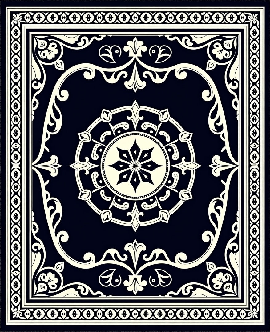 Classic Black Cream Floral Medallion Border Rug